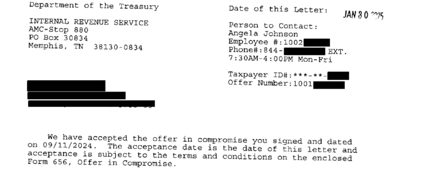 2025.01.30 Offer in Compromise Acceptance Letter