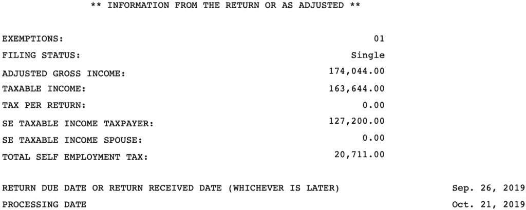 Account Transcript_Non-Filer_SFR Prepared_Information From the Return or As Adjusted