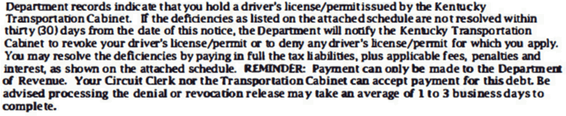 Extracted Language From Kentucky Department of Revenue Notice of Driver's License Suspension and-or Revocation