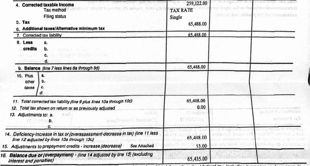 Form 4549 Attached to Letter 1862_Tax Calculation