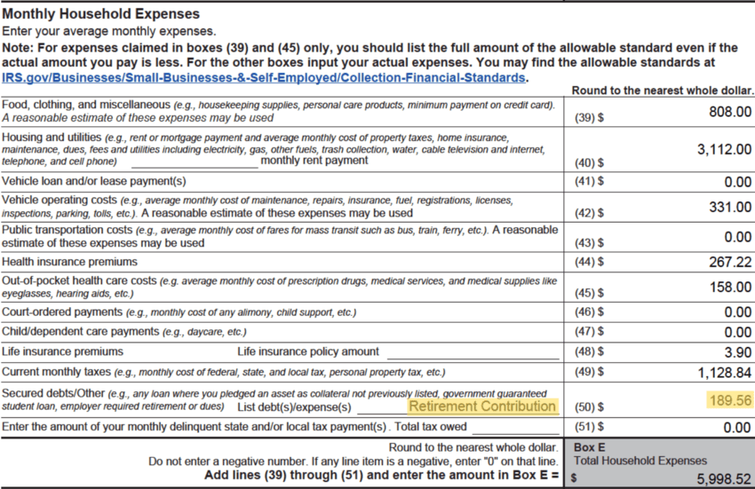 IRS Form 433-A (OIC) Monthly Household Expenses With Retirement Contributions Highlighted_2024.12.15