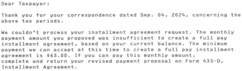 IRS Letter 484C The IRSs Proposed Installment Agreement