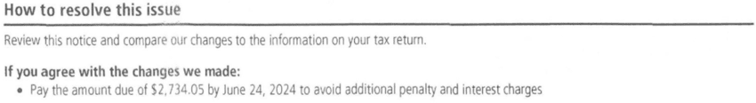 How to resolve this issue section with the June 24, 2024 payment date on a redacted IRS Notice CP23 a Choice Tax Relief client received