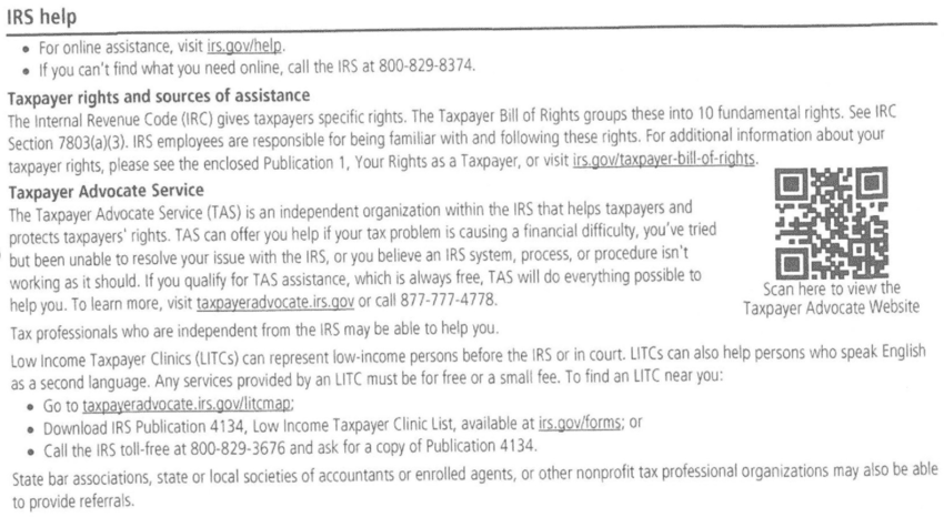 IRS help section on taxpayer rights, the Taxpayer Advocate Service and tax clinics on a redacted IRS Notice CP23 a Choice Tax Relief client received