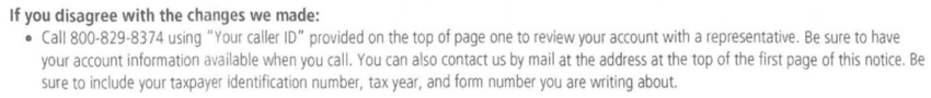 If you disagree section with the phone number 800-829-8374 and a mail option on a redacted IRS Notice CP23 a Choice Tax Relief client received