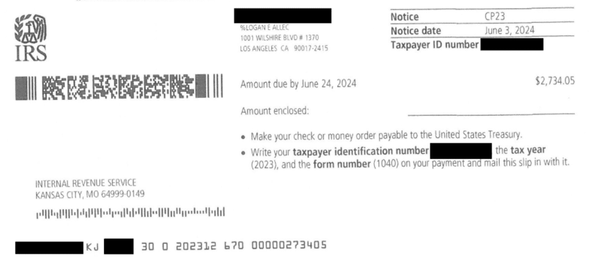 Payment coupon showing the amount due by June 24, 2024 and the mailing address on a redacted IRS Notice CP23 a Choice Tax Relief client received