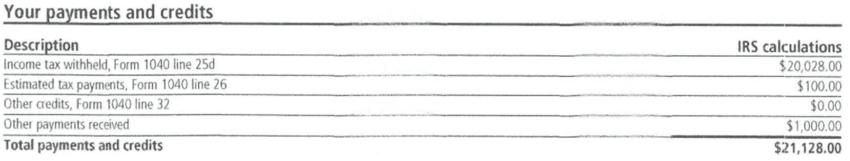 Your payments and credits table showing $100.00 of estimated tax payments and $21,128.00 total on a redacted IRS Notice CP23 a Choice Tax Relief client received