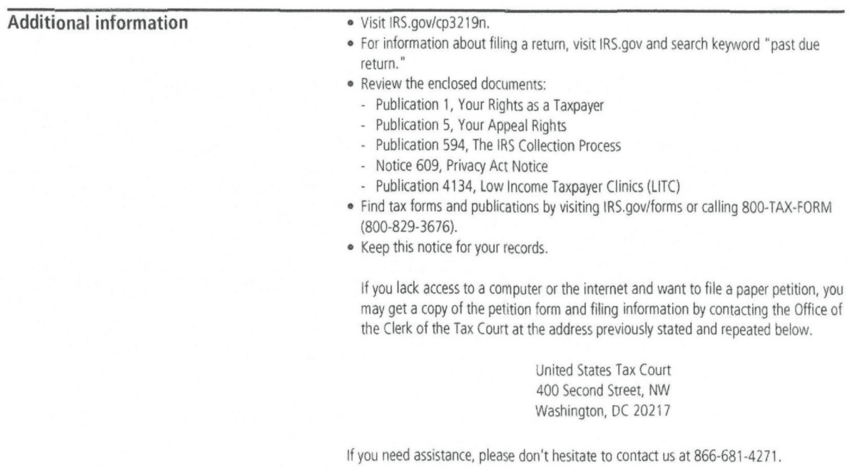 Additional information page listing the enclosed publications, the Tax Court clerk's address and the IRS phone number 866-681-4271 on a redacted IRS Notice CP3219N a Choice Tax Relief client received