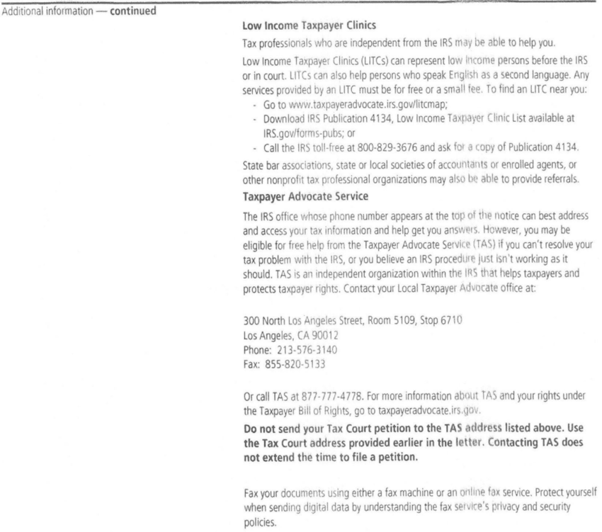 Continuation page describing Low Income Taxpayer Clinics and the Taxpayer Advocate Service, with a warning not to send the petition to TAS on a redacted IRS Notice CP3219N a Choice Tax Relief client received