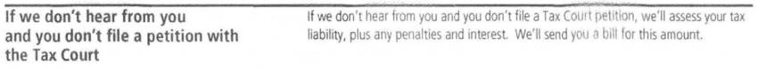 Short section stating the IRS will assess the tax, penalties and interest and send a bill if there is no response or petition on a redacted IRS Notice CP3219N a Choice Tax Relief client received