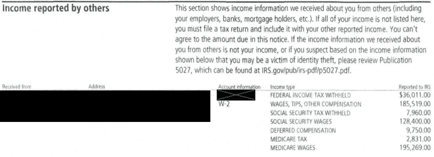Income reported by others section listing one Form W-2 with wages, withholding, Social Security and Medicare figures and the employer blacked out on a redacted IRS Notice CP3219N a Choice Tax Relief client received