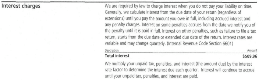 Interest charges section citing Internal Revenue Code section 6601 and showing total interest of $509.96 on a redacted IRS Notice CP3219N a Choice Tax Relief client received
