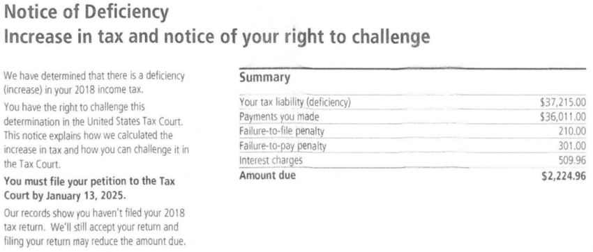 Header reading Notice of Deficiency with the January 13, 2025 Tax Court deadline and a summary box showing an amount due of $2,224.96 on a redacted IRS Notice CP3219N a Choice Tax Relief client received