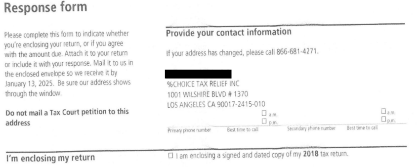Response form with the mailing block, the January 13, 2025 reply date and the checkbox for enclosing a signed 2018 return on a redacted IRS Notice CP3219N a Choice Tax Relief client received