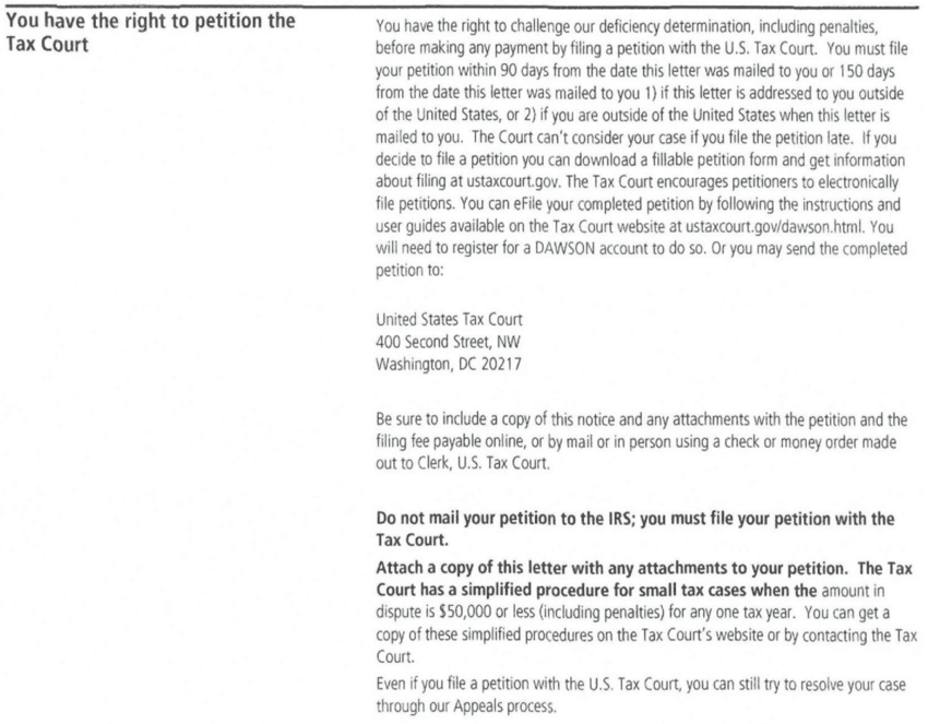 Section explaining the right to petition the U.S. Tax Court within 90 days, with the DAWSON instructions and the court's mailing address on a redacted IRS Notice CP3219N a Choice Tax Relief client received