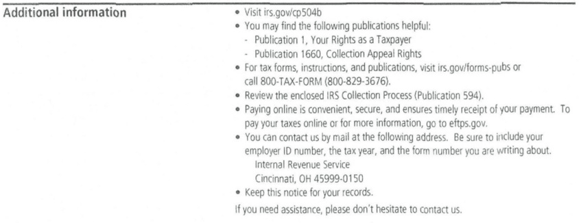 IRS Notice CP504B Additional Information