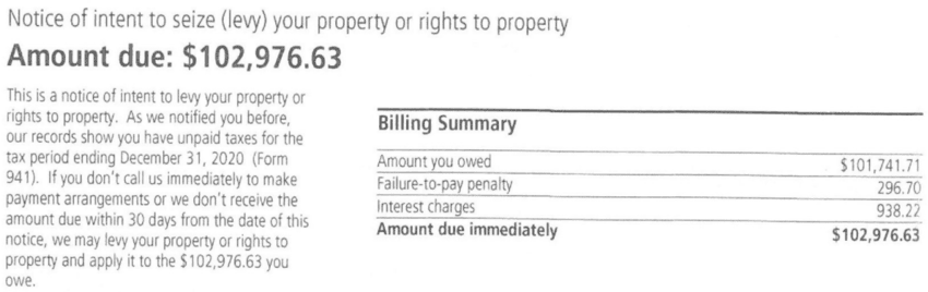 IRS Notice CP504B Amount Due and Billing Summary