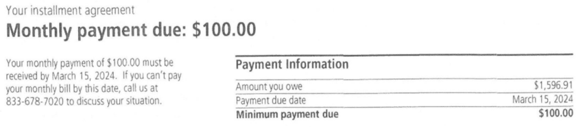 IRS Notice CP521 Installment Agreement Monthly Payment Due