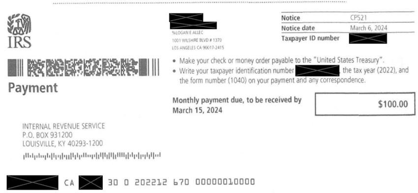 IRS Notice CP521 Installment Agreement Payment Coupon