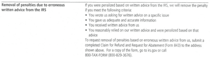 IRS Notice CP521 Removal Of Penalties Due To Erroneous Written Advice