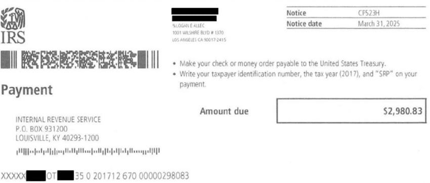 IRS Notice CP523H Payment Coupon