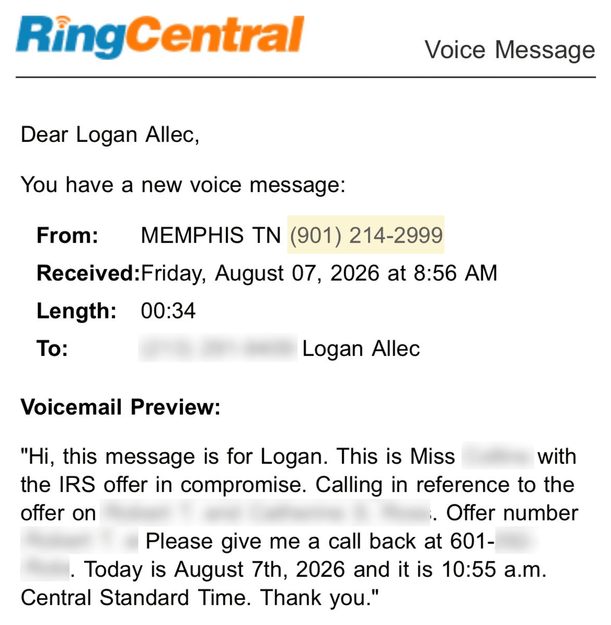 RingCentral voicemail notification showing a call from IRS phone number 901-214-2999 in Memphis, TN, left by an IRS Centralized Offer in Compromise offer examiner