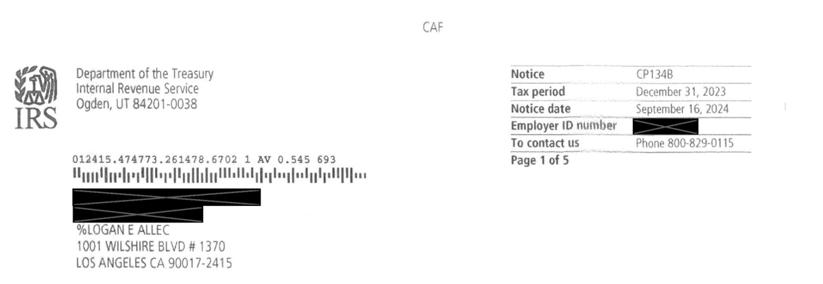 IRS Notice CP134B notice header