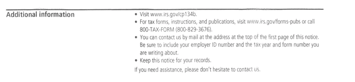 IRS Notice CP134B additional information