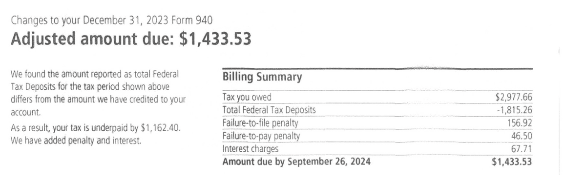 IRS Notice CP134B adjusted amount due and billing summary