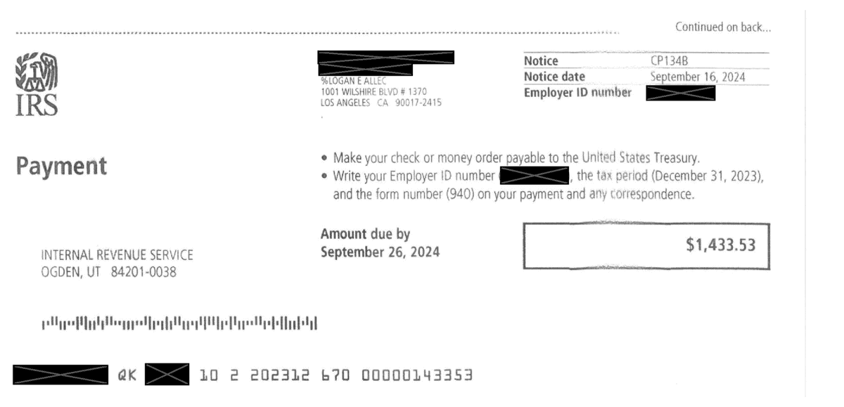 IRS Notice CP134B payment stub