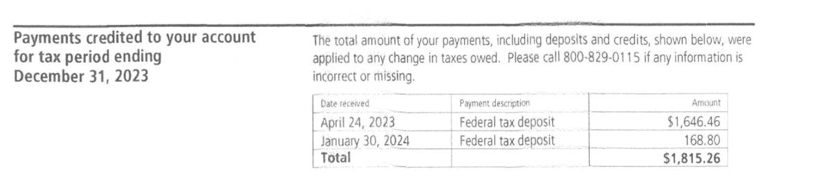IRS Notice CP134B payments credited to your account