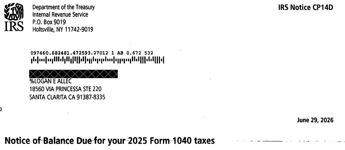 IRS Notice CP14D page 1 header with the IRS return address, notice date, and Notice of Balance Due title