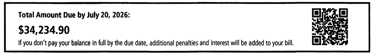 IRS Notice CP14D total amount due box with the balance, pay-by date, and Scan and Pay QR code