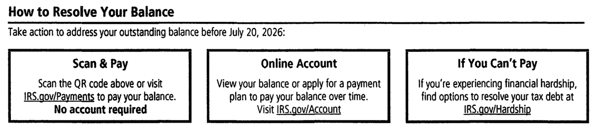IRS Notice CP14D How to Resolve Your Balance section with Scan and Pay, Online Account, and If You Cannot Pay options