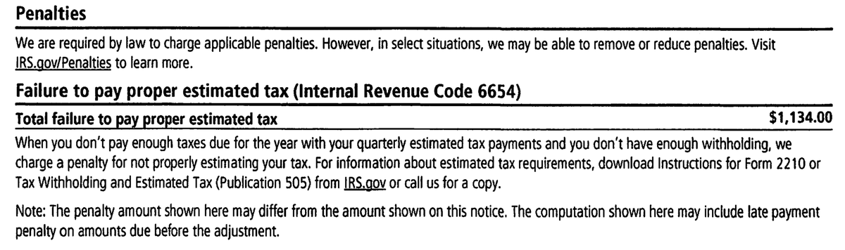 IRS Notice CP14D failure to pay proper estimated tax penalty section under Internal Revenue Code 6654