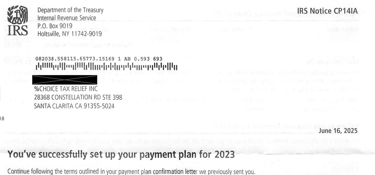 IRS Notice CP14IA notice header confirming you have successfully set up your payment plan