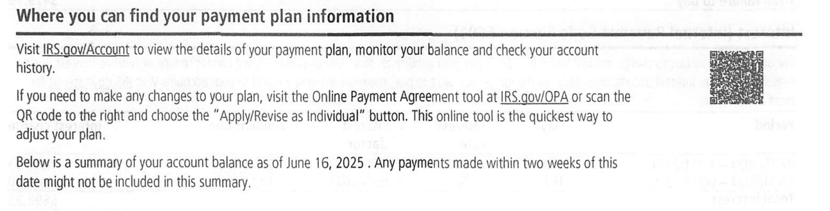 Where to find your payment plan information on IRS Notice CP14IA