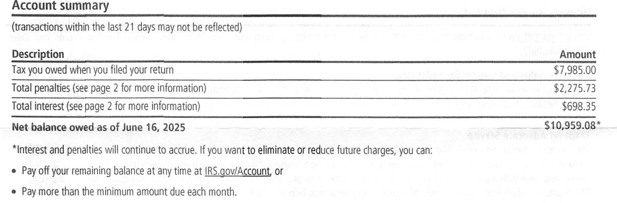 IRS Notice CP14IA account summary showing tax owed, penalties, interest, and net balance