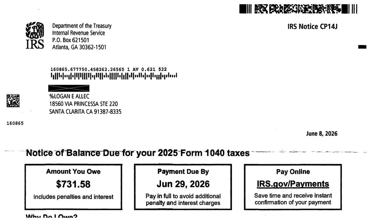IRS Notice CP14J page 1 header, notice date, and amount-you-owe summary boxes