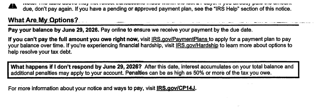 IRS Notice CP14J options section and the warning about what happens if you do not respond