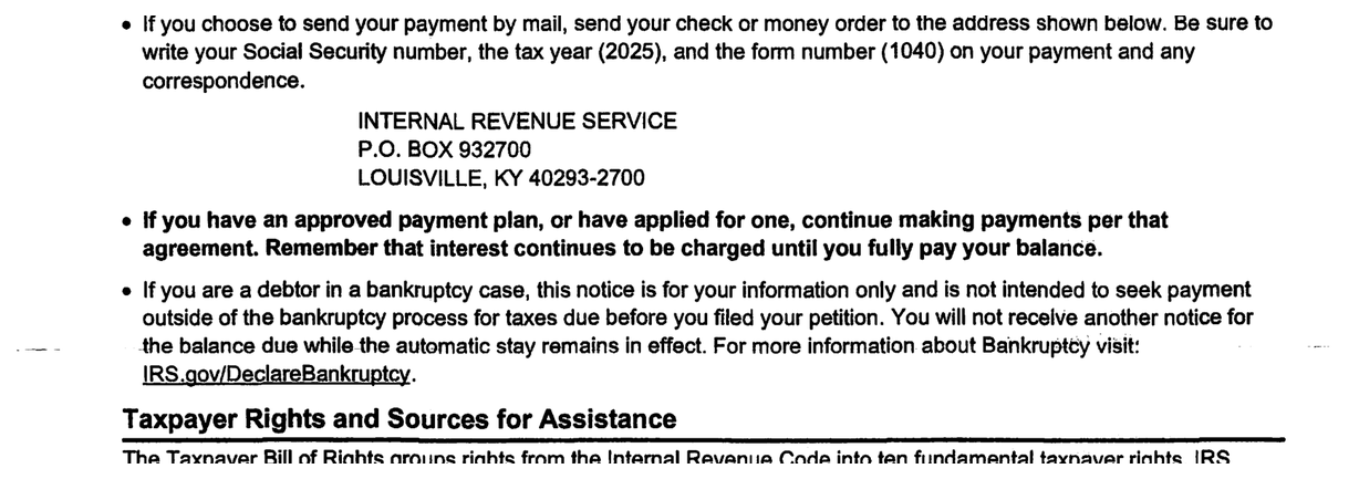 IRS Notice CP14J IRS Help section with the phone number and payment mailing address