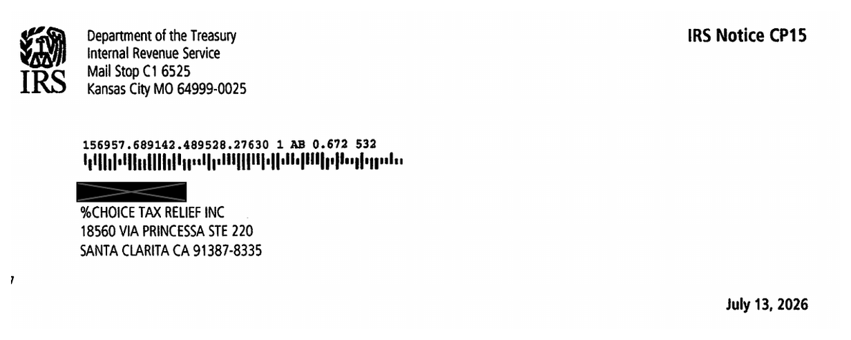 IRS Notice CP15 header showing the Kansas City IRS address, notice type, and July 13, 2026 notice date