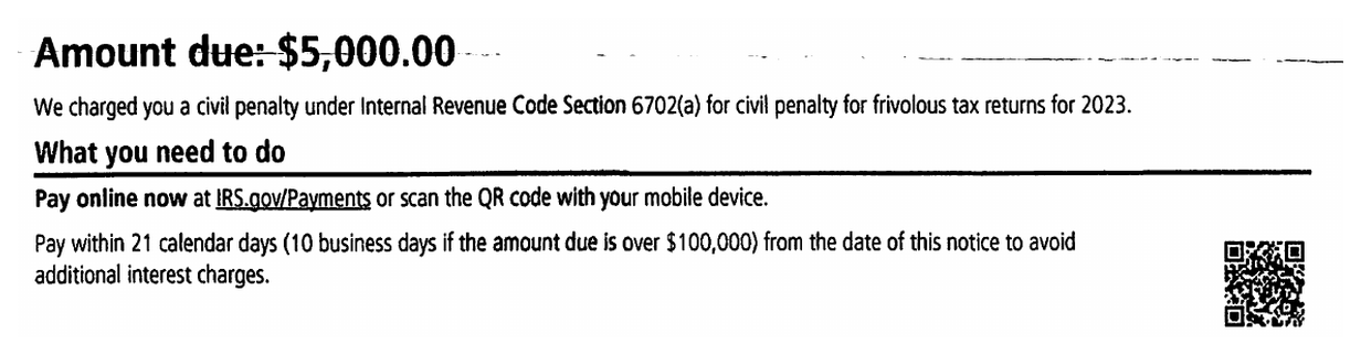 IRS Notice CP15 amount due of $5,000 with the What you need to do payment instructions and QR code