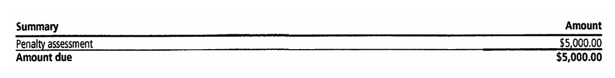 IRS Notice CP15 billing summary showing a $5,000 penalty assessment as the entire amount due