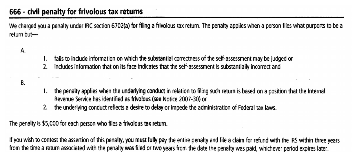 IRS Notice CP15 explanation of the civil penalty for frivolous tax returns under IRC Section 6702(a)