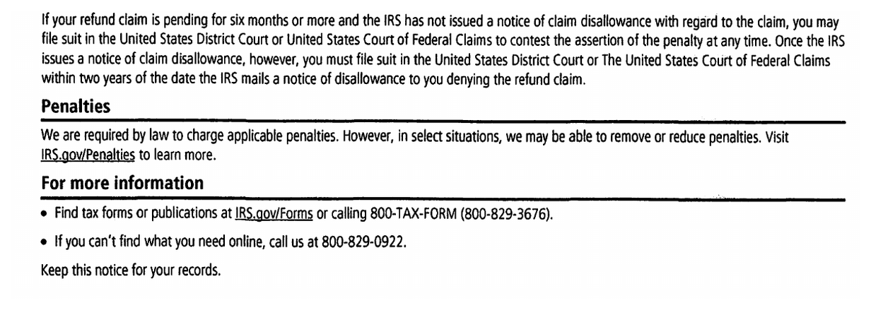 IRS Notice CP15 page 2 explaining refund suit options, penalty relief, and IRS contact information