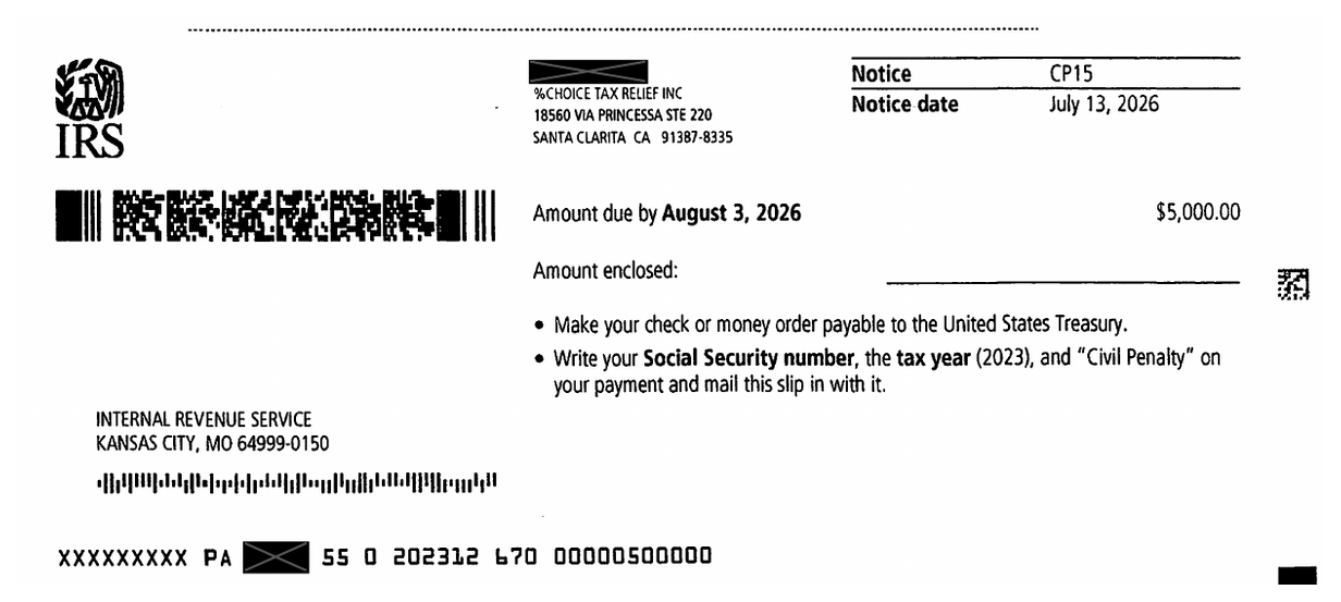 IRS Notice CP15 payment stub showing the August 3, 2026 due date and payment instructions