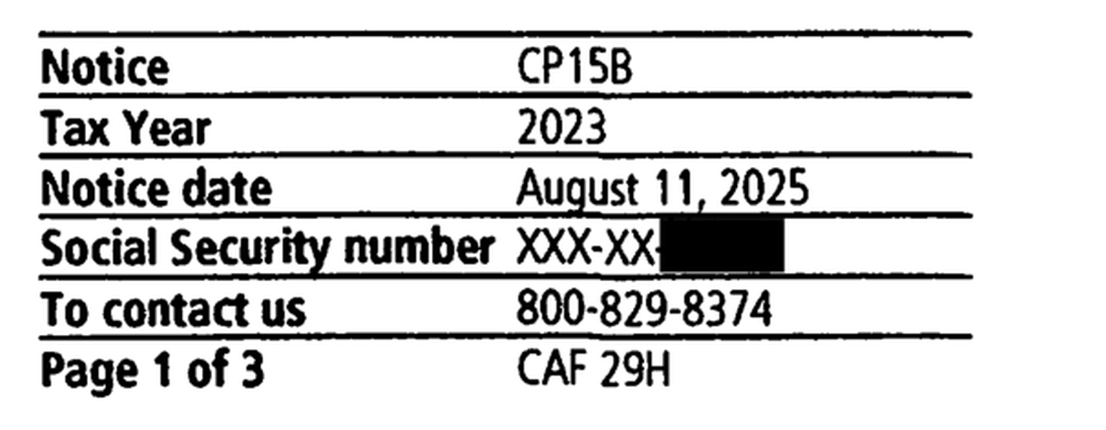 IRS Notice CP15B header showing notice type, tax year 2023, and notice date