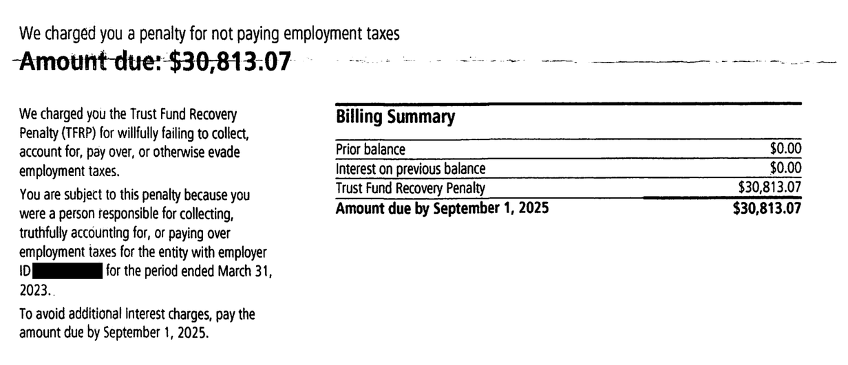 IRS Notice CP15B explanation of the Trust Fund Recovery Penalty and Billing Summary showing $30,813.07 due