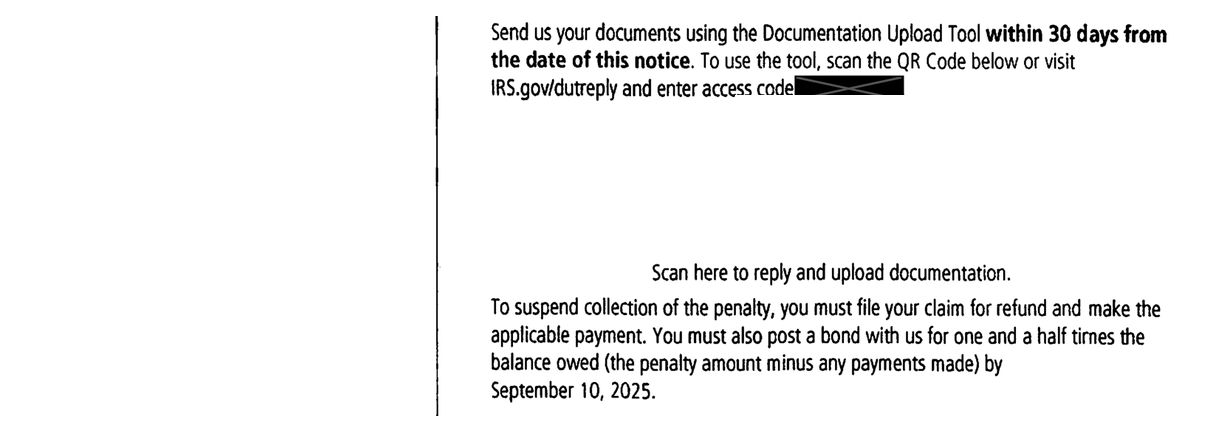 IRS Notice CP15B instructions to upload documents and post a bond to suspend collection